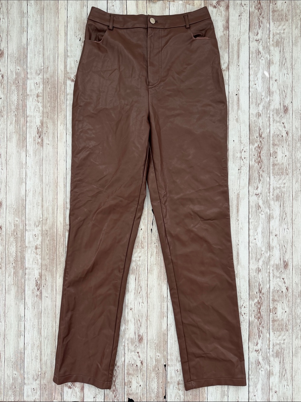 White Fox Boutique Women's Faux Leather Brown Straight-Leg Pants sz Medium